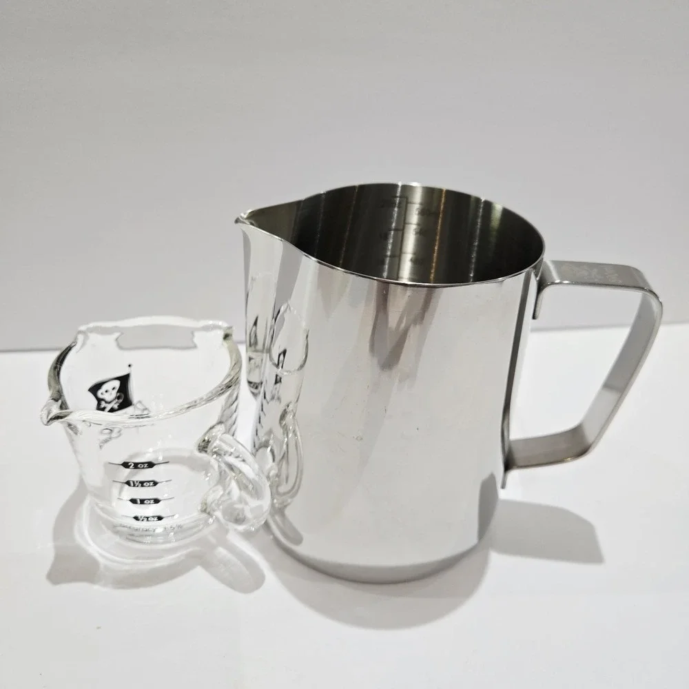 Barista Basics Espresso Triple Spout Shot Glass 2 Oz & Frothing Pitcher 20 Oz